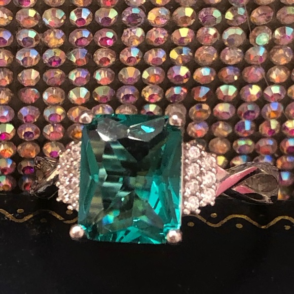 NWOT Sterling Silver Created Emerald Cut Paraiba Tourmaline Ring - Picture 7 of 10